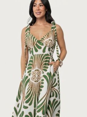 Baltic Born Camila Maxi Dress Sleeveless V-Neck Green & Brown Print Summer Dress